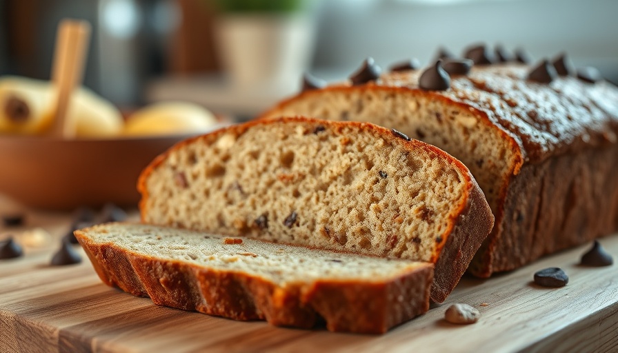 Homemade almond flour banana bread with chocolate chips, freshly sliced.