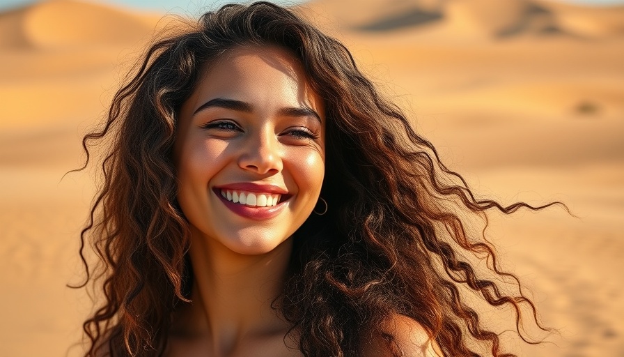 Smiling woman with curly hair in desert setting for post-sun skincare.