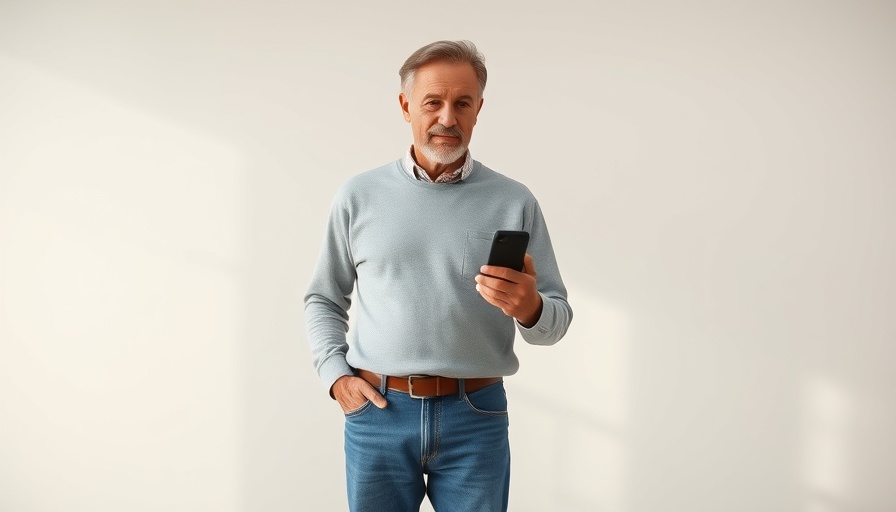 Middle-aged man with phone demonstrating posture improvement indoors.