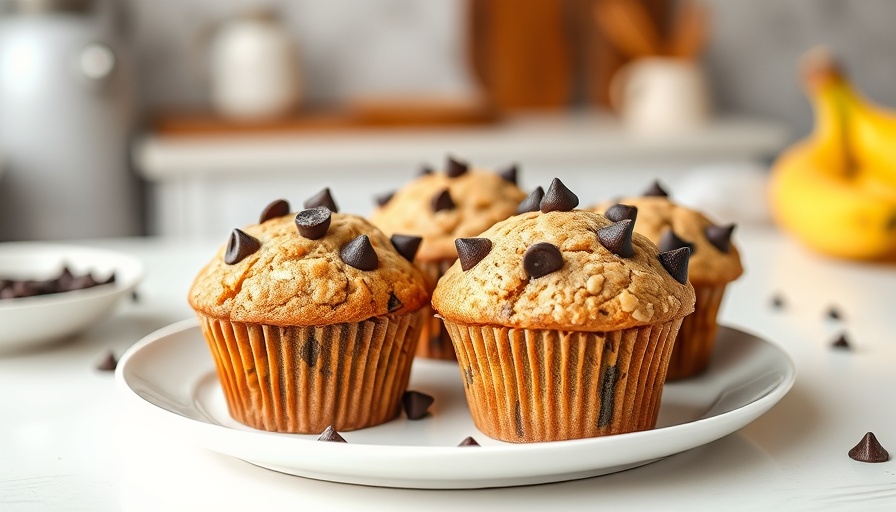 Banana almond meal muffins topped with chocolate chips on a plate.