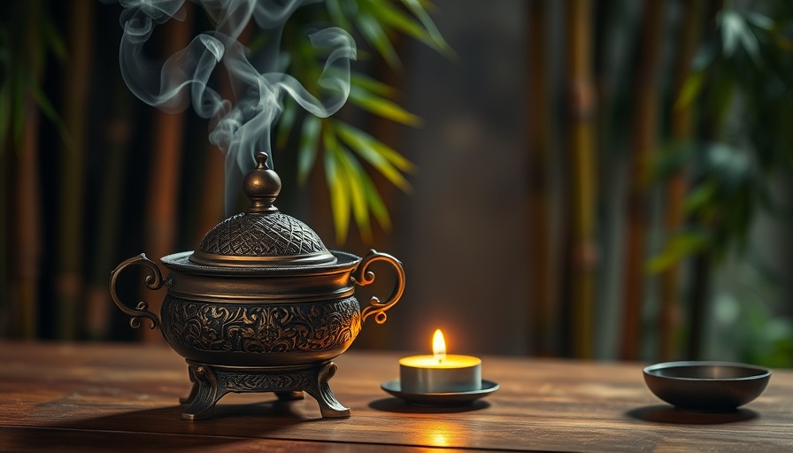 Serene Mahayana Buddhist themed scene with incense burner and candle.