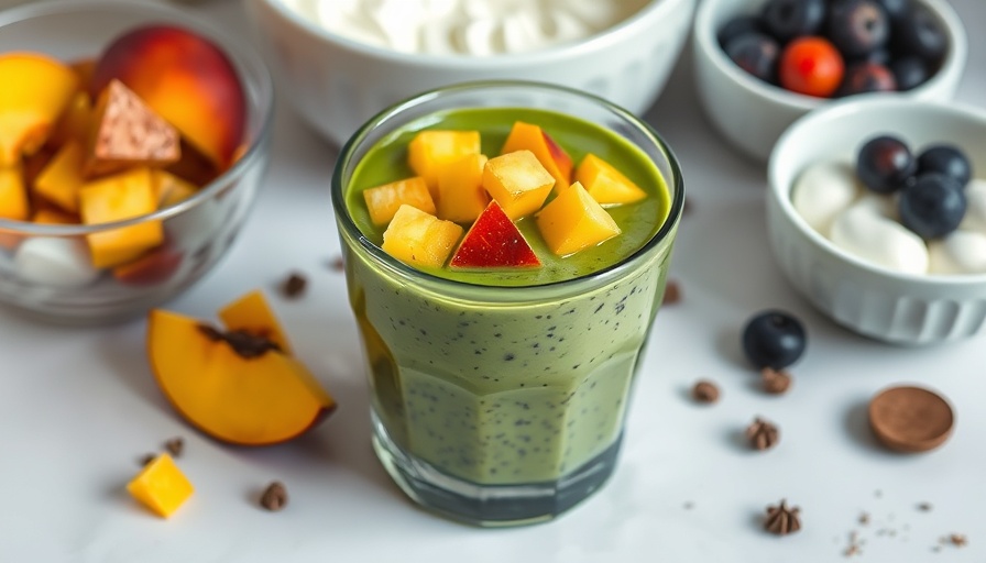 Green matcha chia pudding topped with diced peaches.