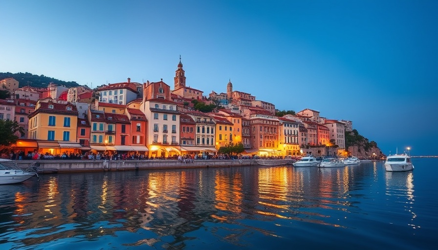 Colorful Menton France evening view with reflections.