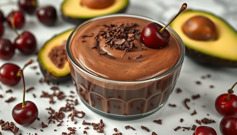 Creamy cherry chocolate avocado pudding with fresh cherries.