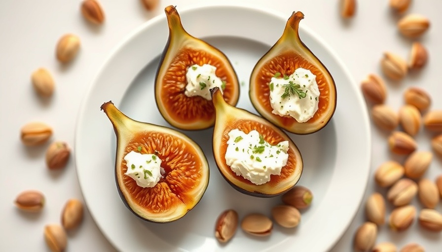 Figs with goat cheese and herbs on a white plate with pistachios.