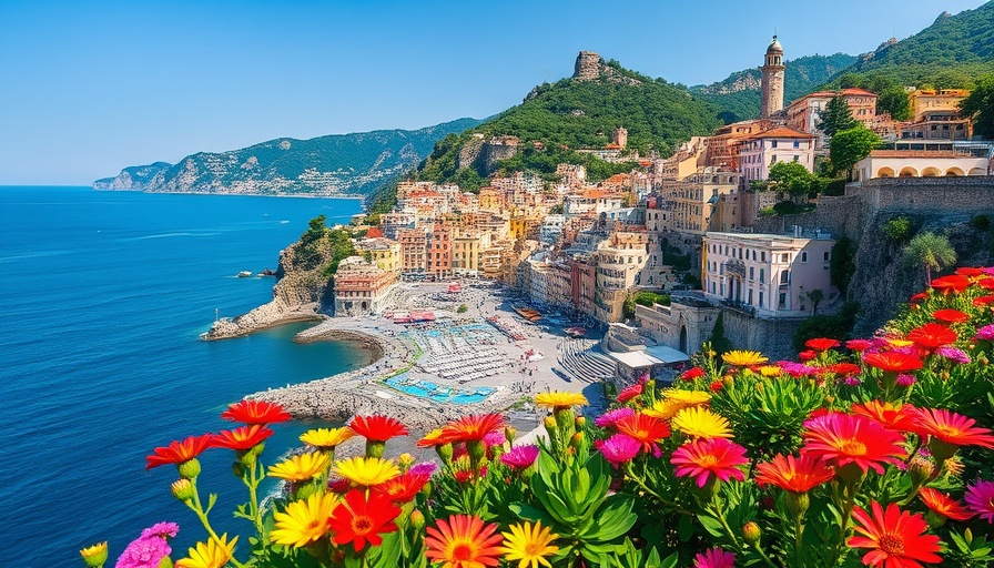 Amalfi Coast towns scenic view with flowers and sea