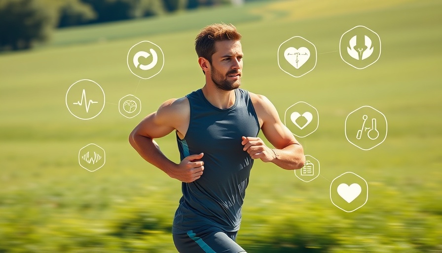 Athlete running with digital health icons overlay in the background, epigenetic rejuvenation concepts.