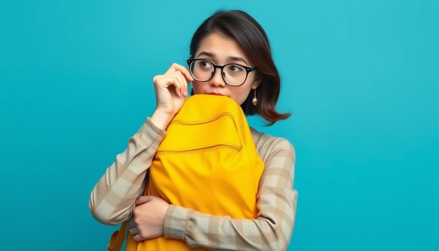 Young woman with a yellow backpack pondering back-to-school skin care tips.