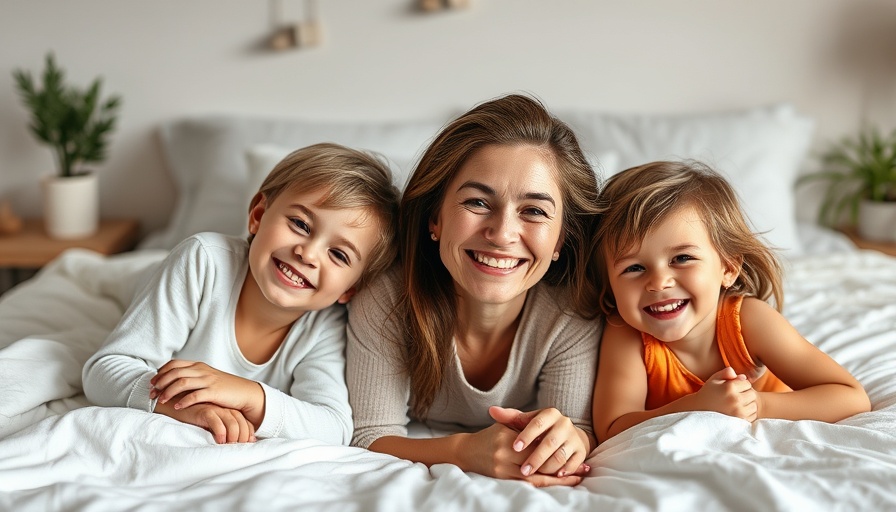 Joyful family bonding on white bed, showcasing love and connection.