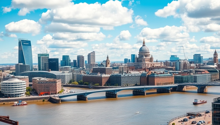 Aerial view of famous London landmarks along the Thames.