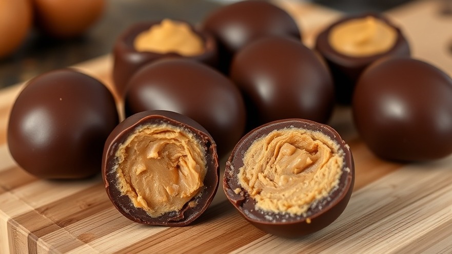 Mouthwatering chocolate peanut butter eggs, vegan candy alternatives on a wooden cutting board.