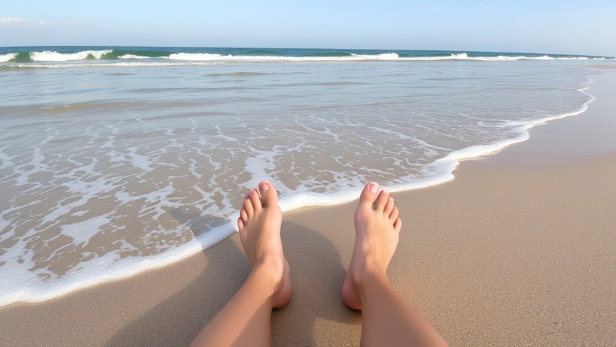 Feet on a beach enjoying circulation exercises for leg health tips.