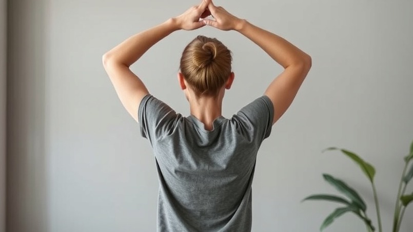 Standing stretch for posture improvement and physical health benefits.