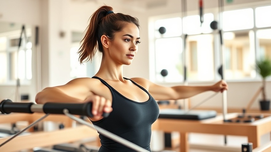 Energetic person on a Pilates reformer in a vibrant modern fitness studio.