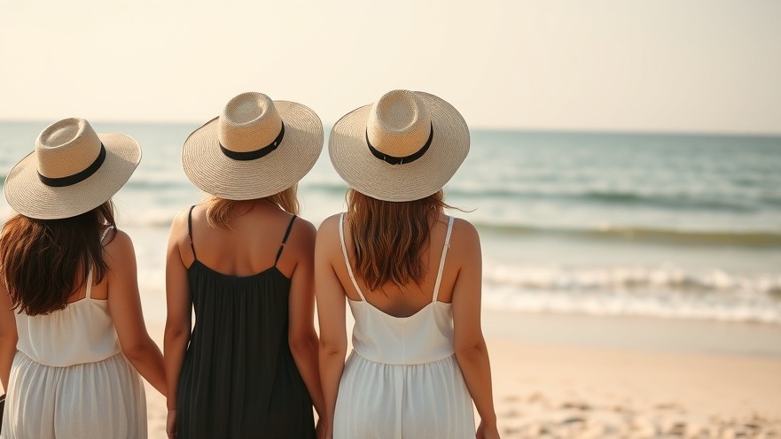 Three women embracing a mindful perspective at the beach, promoting emotional balance.