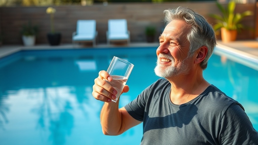 Middle-aged man enjoying hydration with water by the pool for better health tips.