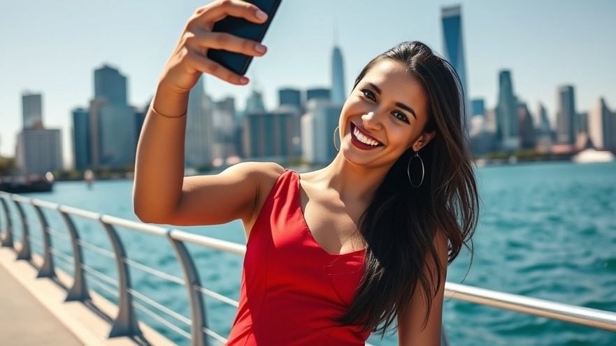 Stylish woman in red dress capturing travel skincare tips by urban waterfront.