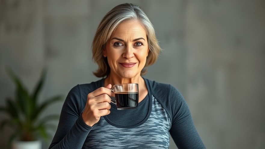 Mature woman in gym clothes enjoying black coffee for caffeine fat loss benefits.