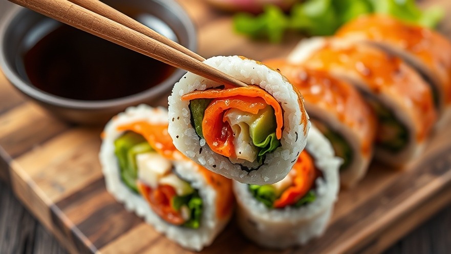 Vibrant vegetable sushi rolls featuring jicama rice and chopsticks, photorealistic.