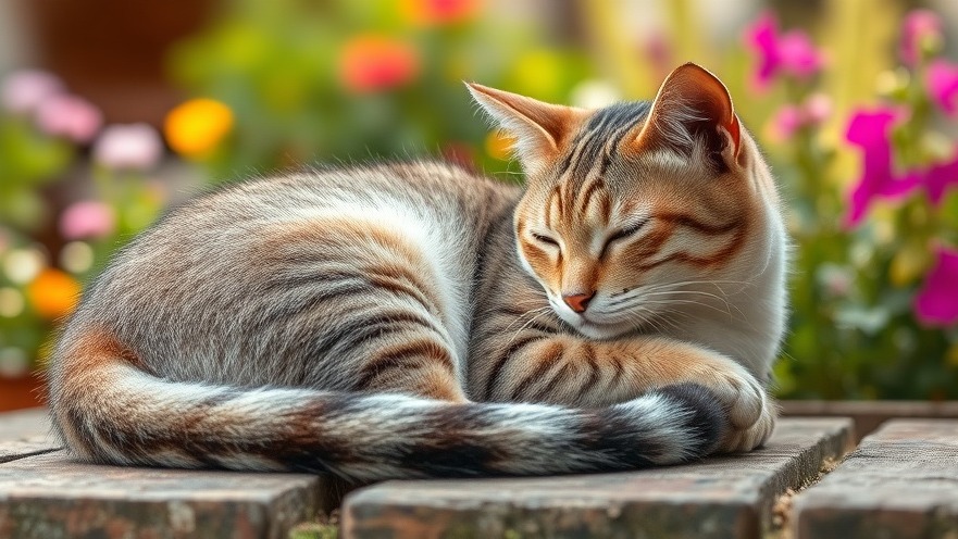 Relaxed cat in serene garden, embodying mindfulness and self-care.
