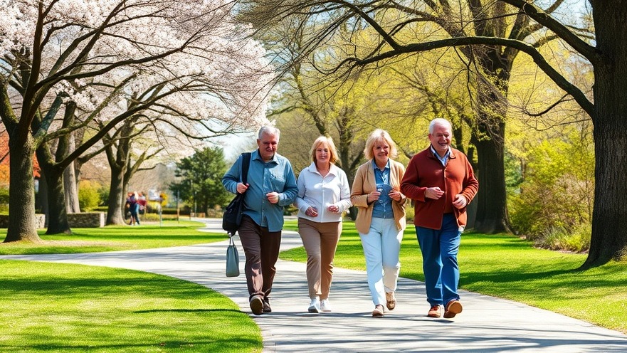 Mature people enjoy spring walk, highlighting neuroinflammation and irisin benefits for Parkinson's therapy.