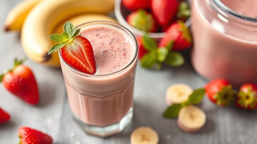 Nutritious breakfast options: strawberry banana smoothie highlighting seasonal produce benefits.