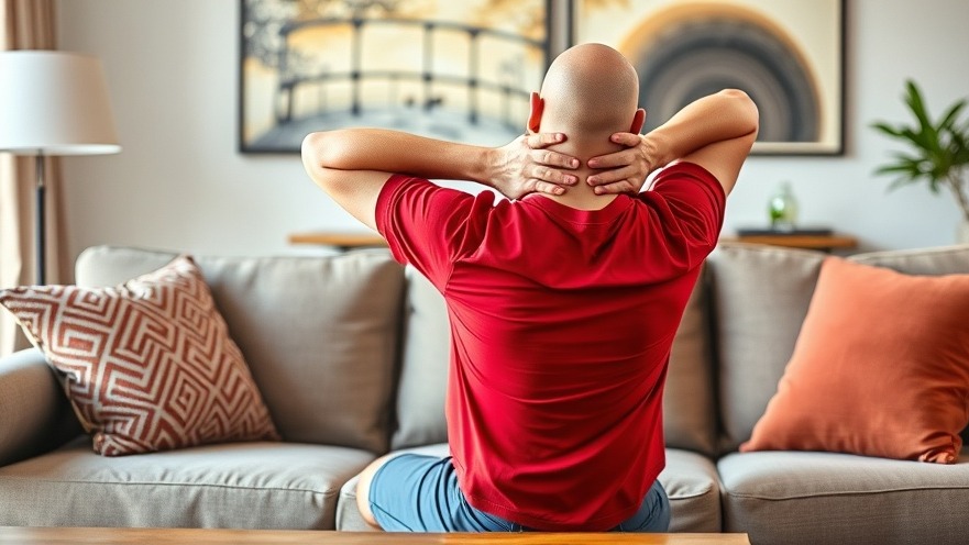Bald man demonstrating stretching techniques for a healthy lifestyle, seated in a cozy living room.