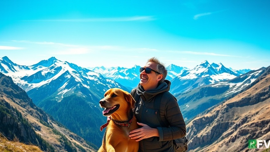 A happy couple with a dog embracing mindfulness practices amidst stunning mountain scenery.