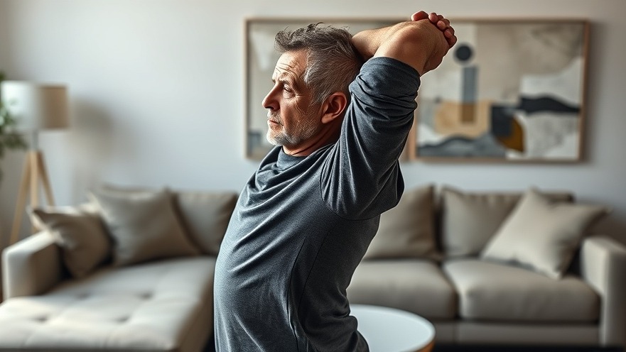 Middle-aged man doing flexibility stretches for back health in a cozy living room.
