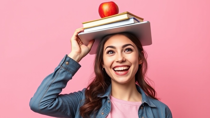 Playful young woman balancing laptop, book, and apple, embodying healthy snacks and athleisure fashion
