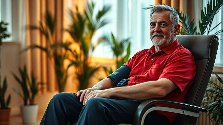 Middle-aged man in red shirt correctly positioned for blood pressure measurement.