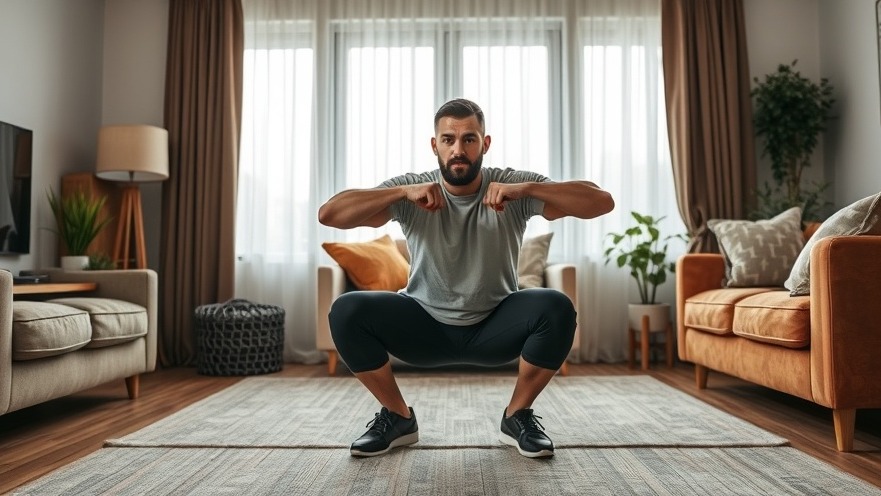 Man in living room doing squats as a fitness alternative for building strength.