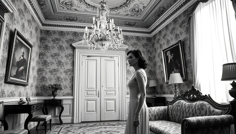 Sophisticated vintage room with elegant woman, JFK Jackie O mansion for sale.