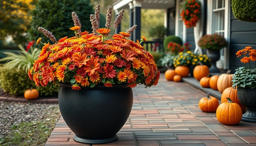 Vibrant fall flowers in a pot with pumpkins on a porch.
