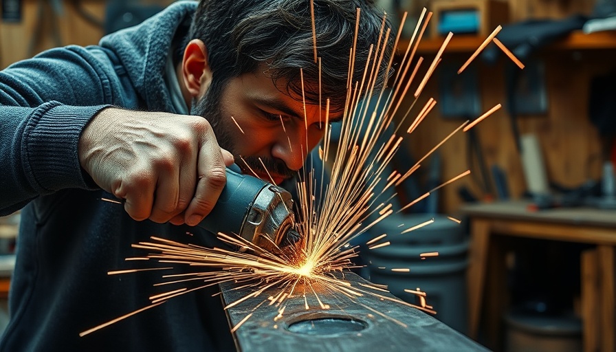 Angle grinder in action with sparks in a workshop.