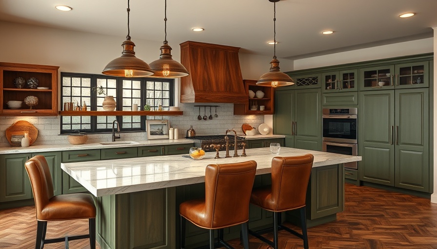 Stylish modern rustic kitchen with island and pendant lights.