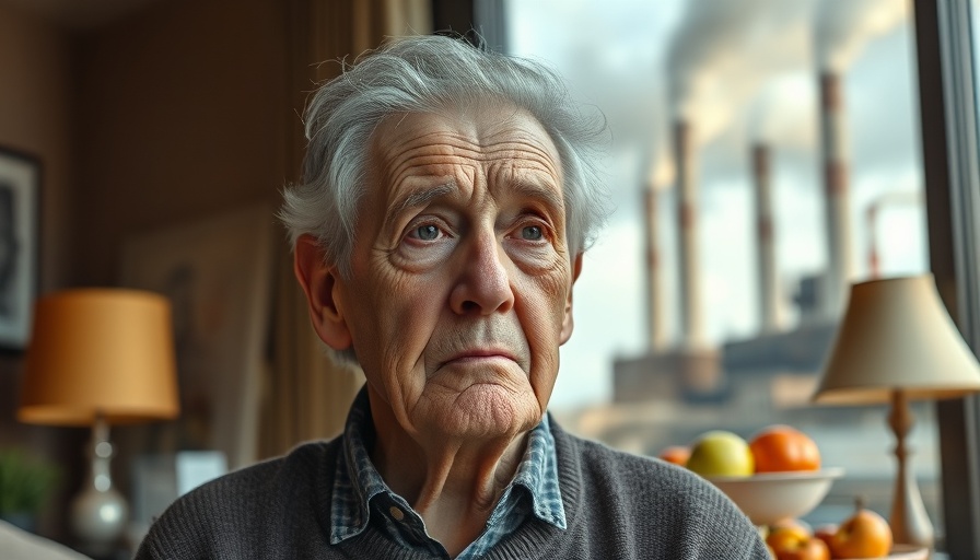 Elderly person contemplating pollution impact through window.