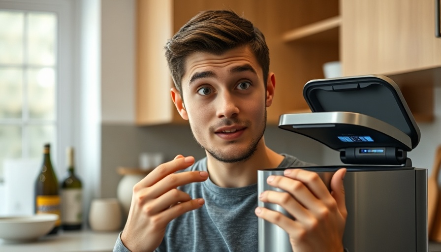 Young man demonstrating automatic garbage can technology in modern kitchen.