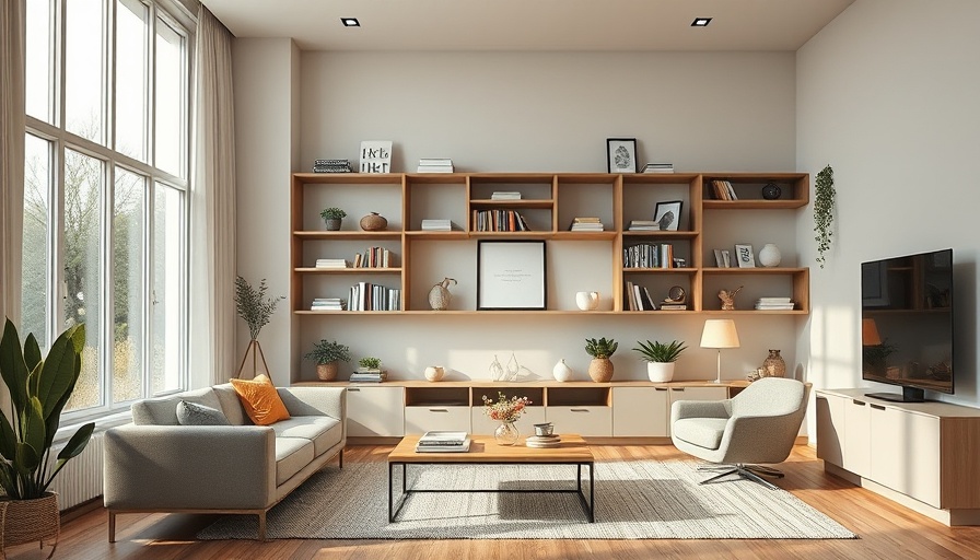 Modern living room showcasing home organizing solutions in California.