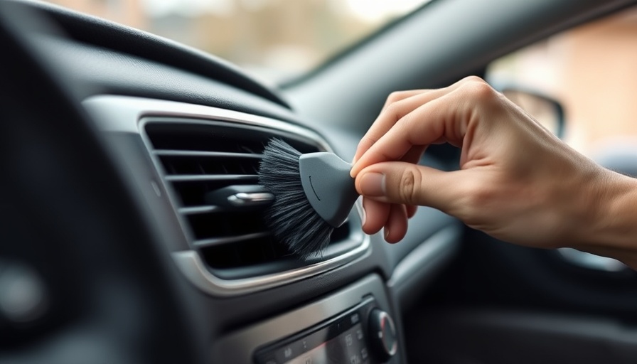 Close-up of hands cleaning a car vent with a brush for maintenance.