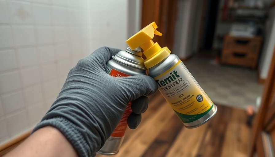 DIY termite control with spray can in hand wearing glove.