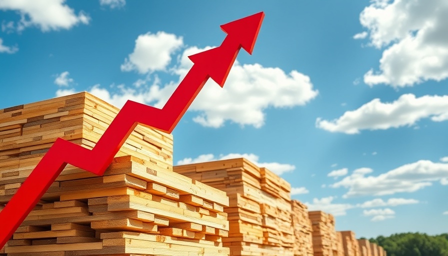 Lumber prices 2025 rising trend with stacked wood and red arrow.