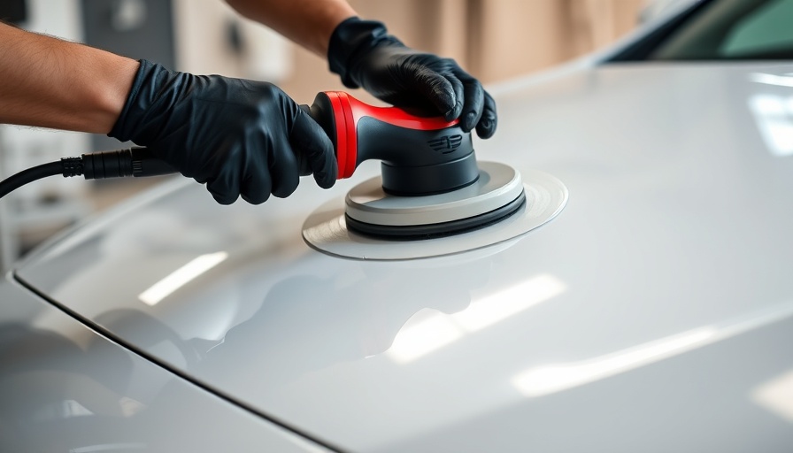 Close-up of car polishing with black gloves, DIY detailing.