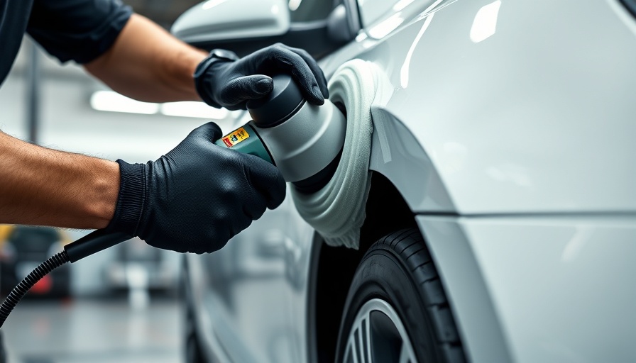 DIY car detailing close-up with power buffer and black gloves.