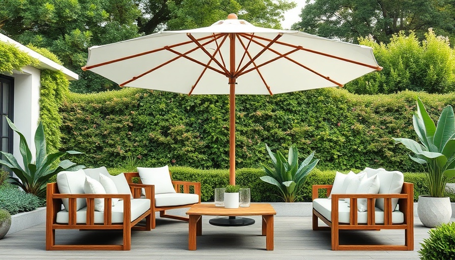 Modern outdoor furniture trends 2025 with wooden seating and umbrella.