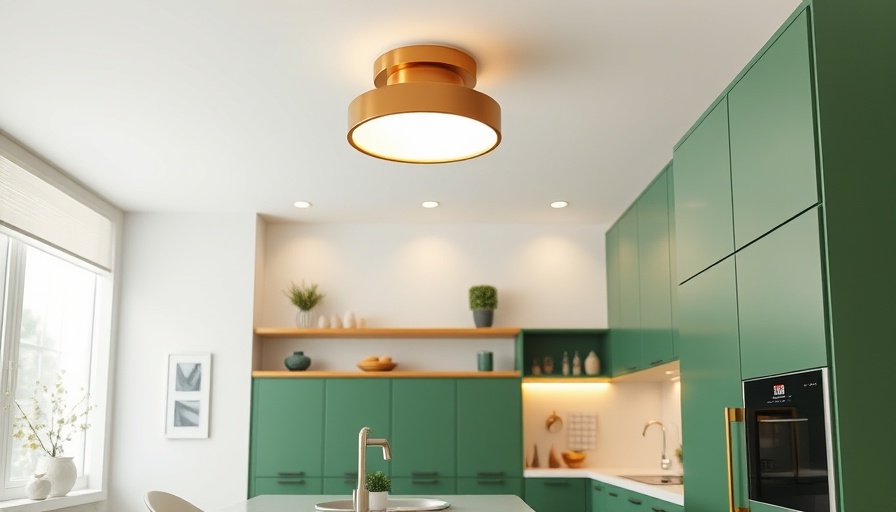Stylish affordable ceiling light in modern kitchen with green cabinets.