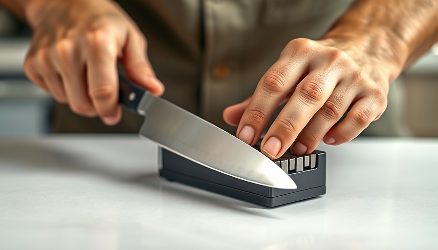 Hands sharpening knife with modern tool on white surface.