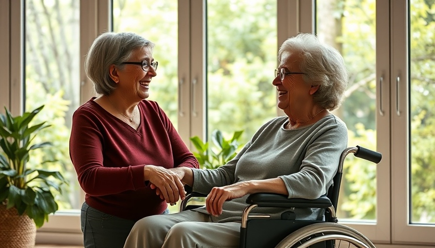 Elderly woman in wheelchair with caregiver in respite care setting.