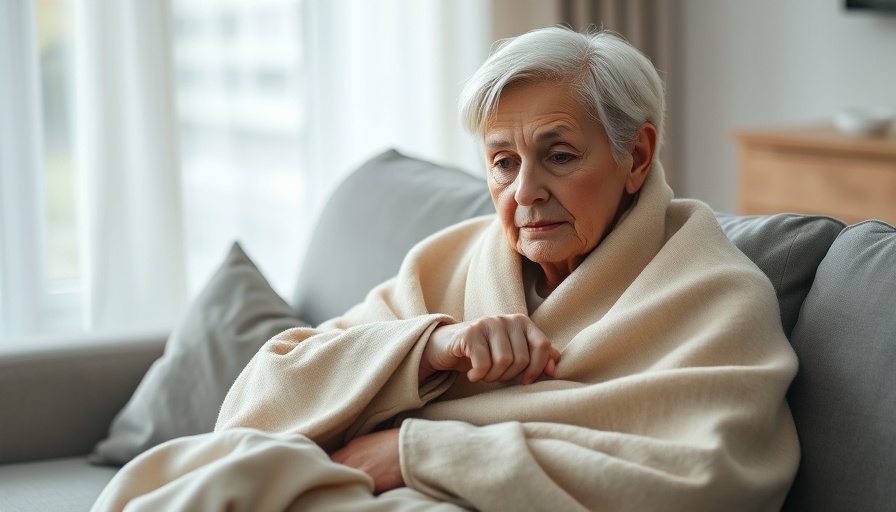 Older woman wrapped in blanket feeling cold on couch, modern living room.