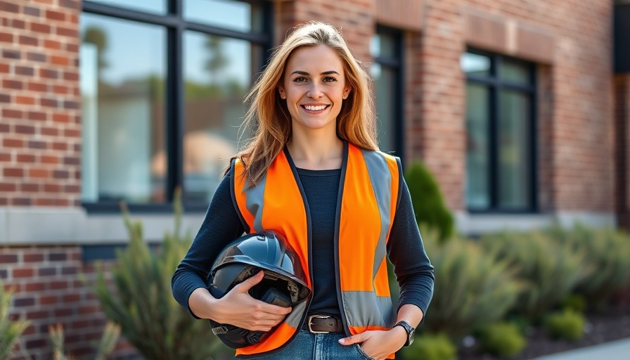 Confident woman in construction leadership smiling in front of building.